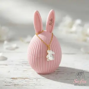 Sofia Mother of Pearl Bunny Necklace with Personalized Bunny Egg Box - 18K Chain White Shell Rabbit Pendant Minimalist Style Dainty Choker Easter Gifts, gift for her
