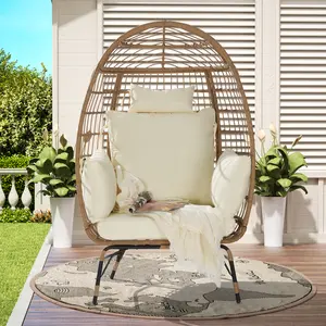 Wicker Egg Chair,Rattan Egg Chair Indoor Outdoor,Oversized Large Egg Chairs 600lbs with Cushion and Pillow for Porch, Backyard, Balcony Beige/Light Gray/Dark Gray/Dark Blue