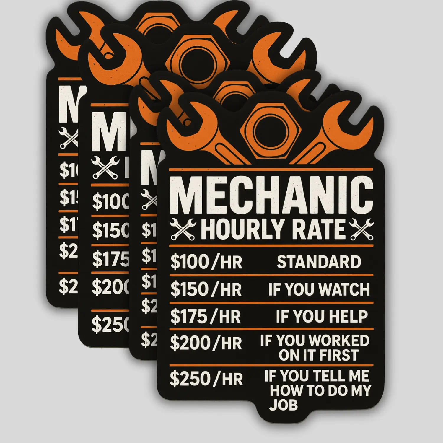 4 Pack Mechanic Hourly Rate Stickers – Funny Garage Quote Decals – Waterproof Vinyl Stickers for Laptop, Toolbox, Car, or Truck Bumper