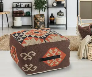 Ashford Handmade Bohemian/Eclectic Kilim Square Indoor Small Pouf Ottoman, Brown/Orange