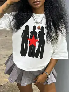 Women's Cartoon Figure & Star Print Round Neck Tee, Fashion Casual Short Sleeve T-shirt for Daily Wear, Ladies Summer Clothes Christian Faith T-Shirt with Verse