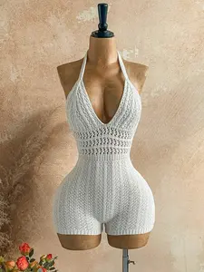 Sexy Halter One-Piece Romper Fashion Versatile Backless Big V Neck Short Pants Summer Women Vacation Set Elegant Hollow Out Strap Beachwear