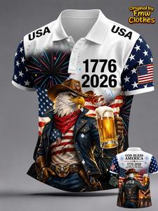 Men's American Independence Day 250th Anniversary Cowboy Eagle Beer Memorial Short Sleeve Shirt, Patriotic Casual Polo for All Seasons
