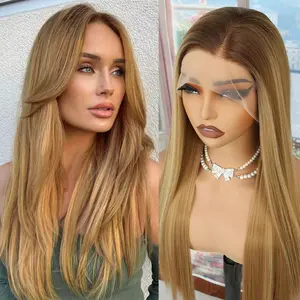 Honey Blonde Ombre Highlight Color Hair 13*4 HD Transparent Lace Frontal Wig Synthetic Hair Heat Resistant Fiber Hair