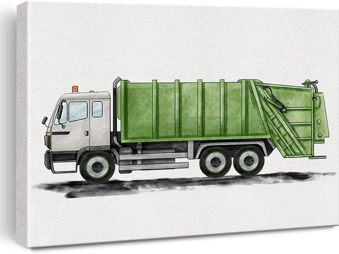 Garbage Truck Canvas Wall Art Watercolor Transportation Vehicles Garbage Truck Canvas Painting Prints for Home Boys Bedroom Nursery Wall Decor Framed Artwork Gifts Artistic Decoration Ornaments Poster