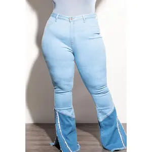 Final Sale Plus Size High Waist ColorBlock Flare Split Jeans in Denim