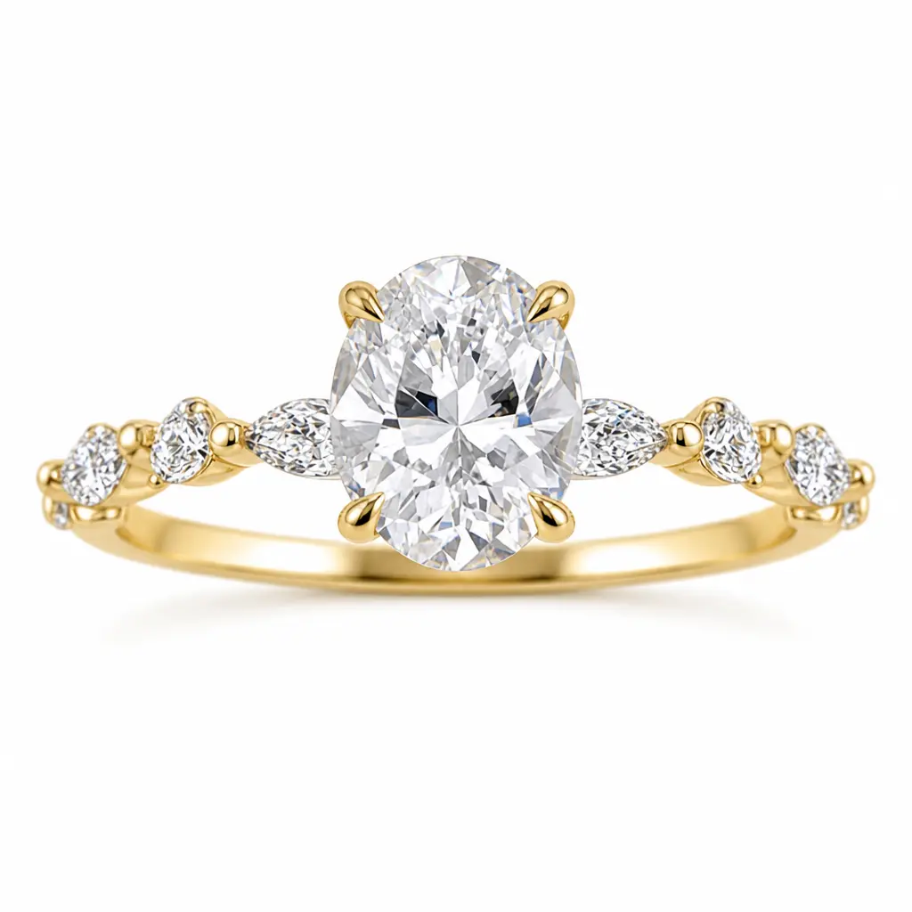 Oval Clear Stone Ring for Women, Gold-Tone Copper Ring with Marquise & Round Side Stones, Romantic Bridal-Inspired Promise Fashion Ring