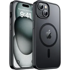 Magnetic for iPhone 15 Case & iPhone 14 Case, [Compatible with MagSafe] [10 FT Military Grade Drop Protection] Slim Translucent Matte Shockproof Anti-Scratch Phone Cover, Black Wireless Smartphone