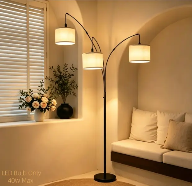 Hoodink Dimmable Floor Lamp - 3 Lights Arc Floor Lamps for Living Room, 1000LM Modern Tall Standing Lamp With Beige Shades & Heavy Base, Mid Century Tree Floor Lamp for Bedroom Office, 3 LED 6W Bulbs Included, LED Bulbs Only