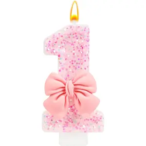 Pink Bow Number 1 Birthday Candle, Glittering Candles 1st Birthday Cake Topper, Princess Themed Party Decor for Girls and Women Anniversary Party Supplies