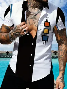 Men's Short Sleeve Collared Color Block Geometric Print Shirt