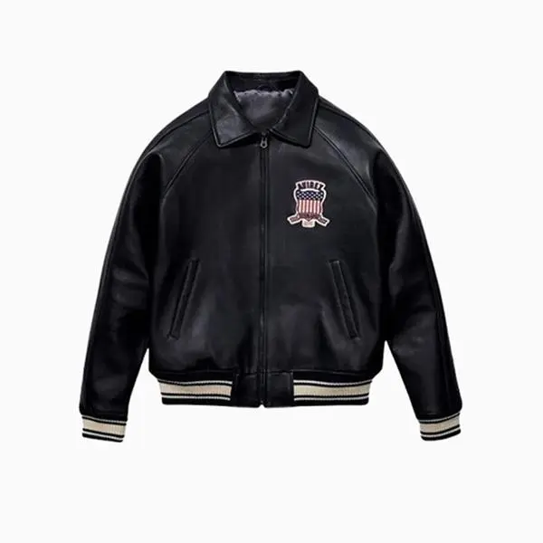 Men's Avirex Real Leather Jacket Black Flight Bomber American Varsity