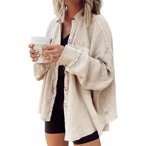 Womens Knit Loose Shirt Button Down Lightweight Oversized Long Sleeve Fashion Casual Round Neck Fit Fall Tops