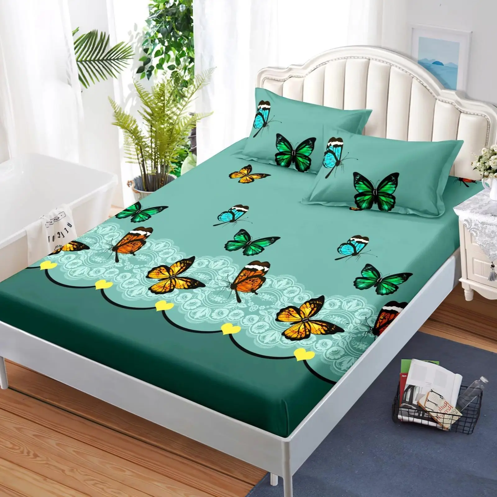 Bedroom Decor Butterfly Print Fitted Sheet & Pillowcase Set without Filler, Room Accessories Including Soft Comfortable Fitted Sheet & 1/2counts Pillo