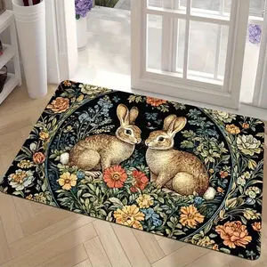 Flannel 1 Vintage Rabbit With Floral Doormat, Comfortable Polyester Fabric, Suitable For Indoor/outdoor Use, Perfect For Balcony, Living Room, Laundry Room- Machine Made, Easy To Clean, Suitable For Christmas, Easter