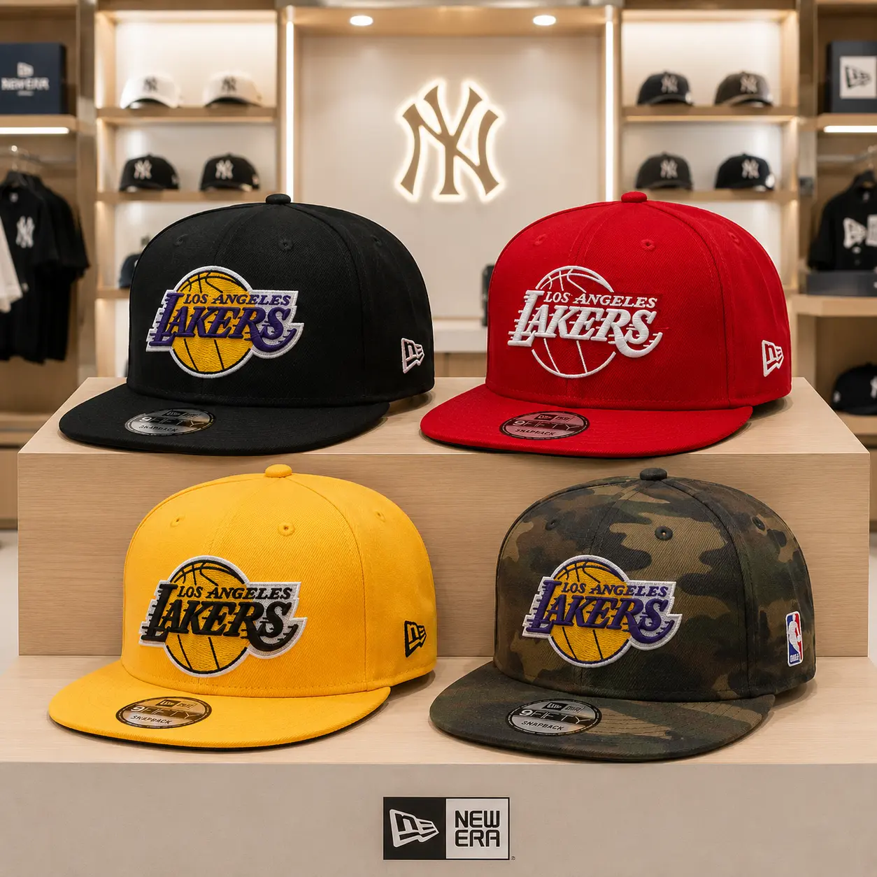 New Era 9FIFTY Los Angeles Lakers Adjustable Flat Brim Snapback Hat with Embroidered Team Logo – Black, Blue, Yellow, Purple, Red, Brown & Camo
