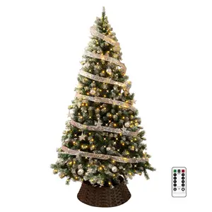 7.5ft Pre Lit Christmas Tree w/350 Lights, Picket Fence Christmas Tree Skirt, 1223 Tips, Ribbon Silver Ornaments, Full Realistic Artificial Christmas Tree, Perfect for Holiday, Party Decor, PVC
