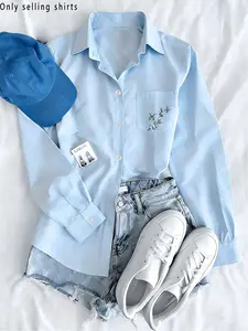 Elegant Casual Style Loose Long Sleeve Embroidered Blouse, Button Neck, All-Season Leisure Shirt, Perfect for Daily Wear, Women's Fashion