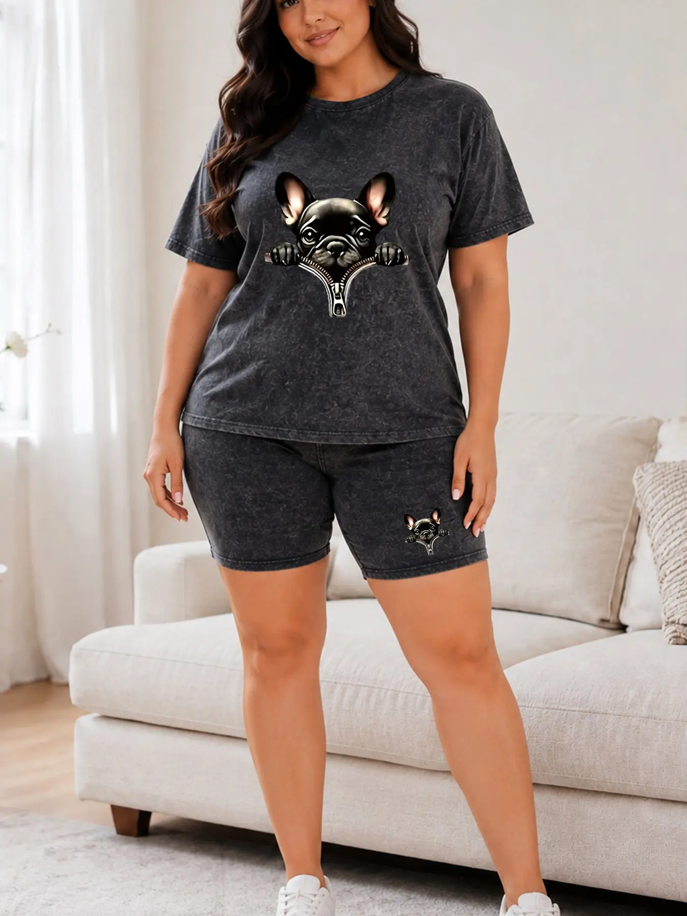 Women's Plus Size Black Acid Wash Look T Shirt and Biker Shorts Set, French Bulldog Graphic, Pet Lover Casual Outfit 1XL-5XL