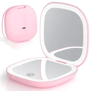Travel Essentials Magnifying  LED Compact Makeup Mirror, 4 Inches 1X/10X Magnification Travel Mirror with Light Dimmable Double Sides Lighted USB Rechargeable Compact Mirror
