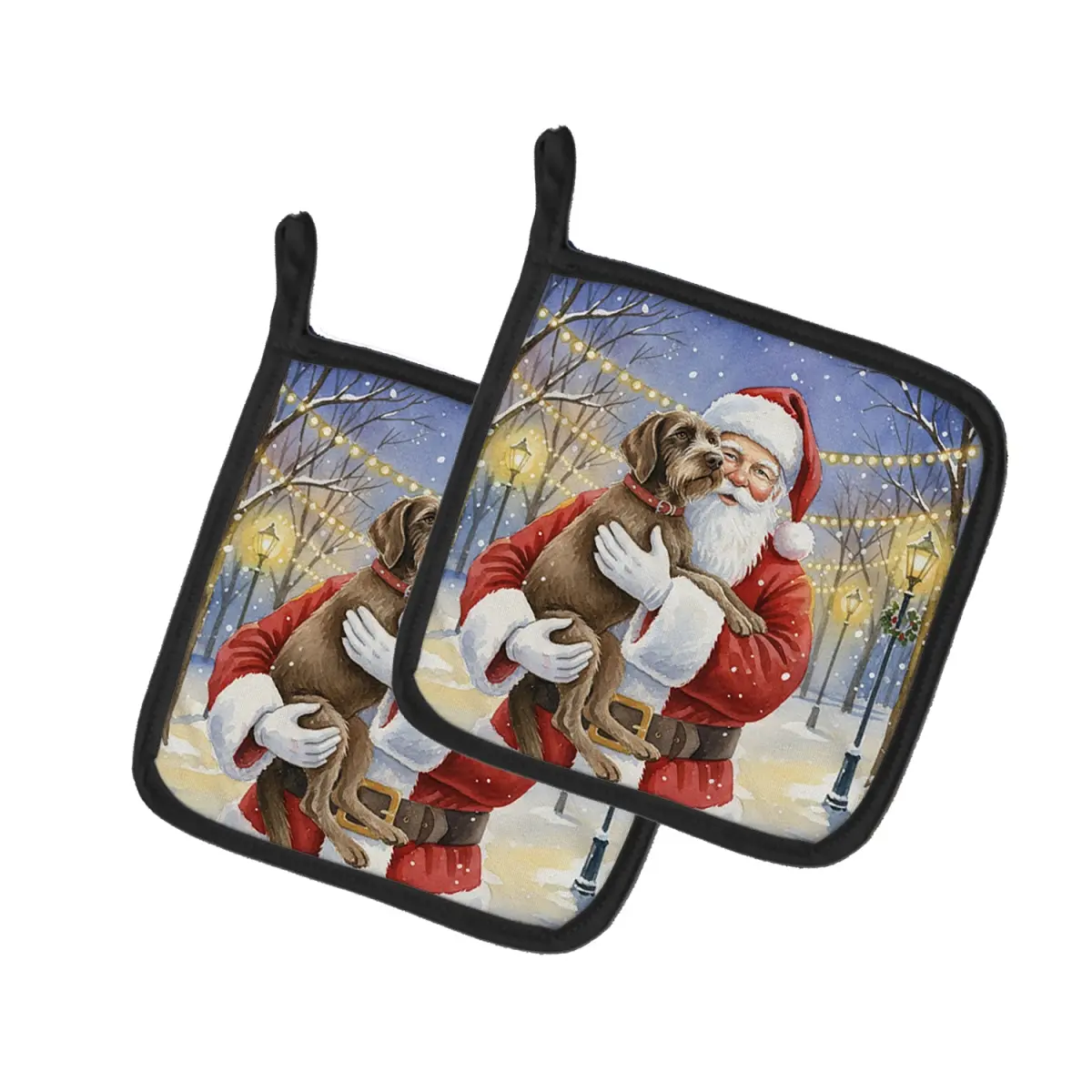 Carolines Treasures FNT1088PTHD 7.5"x7.5" Animal Print Christmas Holiday Wirehaired Pointing Griffon & Santa Fabric Pot Holder Set (2-Pack) - US-Made Kitchen Oven Essentials, Triple-Layer Protection, Machine-Washable, Hanging Design, Metalized Film