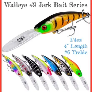 Walleye #9 Jerk Bait Series Sinking 0-10Ft 1/4oz 4" Length #6 Treble Fishing Lure in Assorted Colors