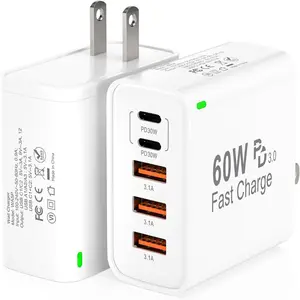 2Pack USB C Fast Charger Block, 60W 5-Port Wall 30W Type Charging 2USB C+3USB A PPS/PD 3.0 Multiport Cube for iPhone 16 15 14 13 Pro Max,for Galaxy S25 S24 Ultra, i Pad