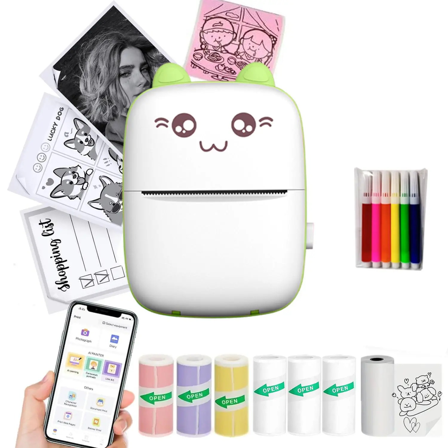Portable Mini Printer with 7 Rolls Paper, Portable Instant Print, 1 Set USB Rechargeable Wireless Photo Printer, Photo Printer for Home Office School, Inkless Printers for Home Use, Wireless Inkless Printer