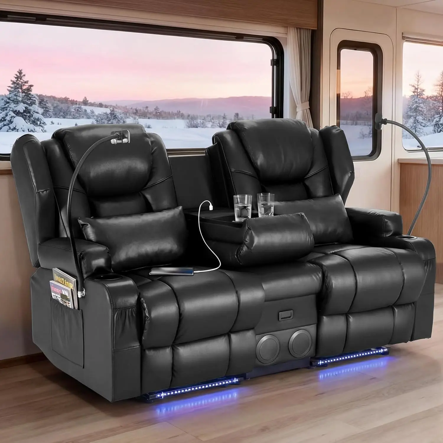 【JOYVELLEHEIM】Power Loveseat Recliner Sofa with Console, PU Leather Dual Reclining Couch with Heating, Blue LED Light, Bluetooth Speakers, Phone Holders, USB Ports, Home Theater & RV Use, Breathable Stain-Resistant Black/Brown Set lumbar, Adjustable Moder