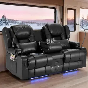 【JOYVELLEHEIM】Power Loveseat Recliner Sofa with Console, PU Leather Dual Reclining Couch with Blue LED Light, Bluetooth Speakers, Phone Holders, USB Ports, Home Theater & RV Recliner , Black, Brown Breathable Stain-Resistant Set