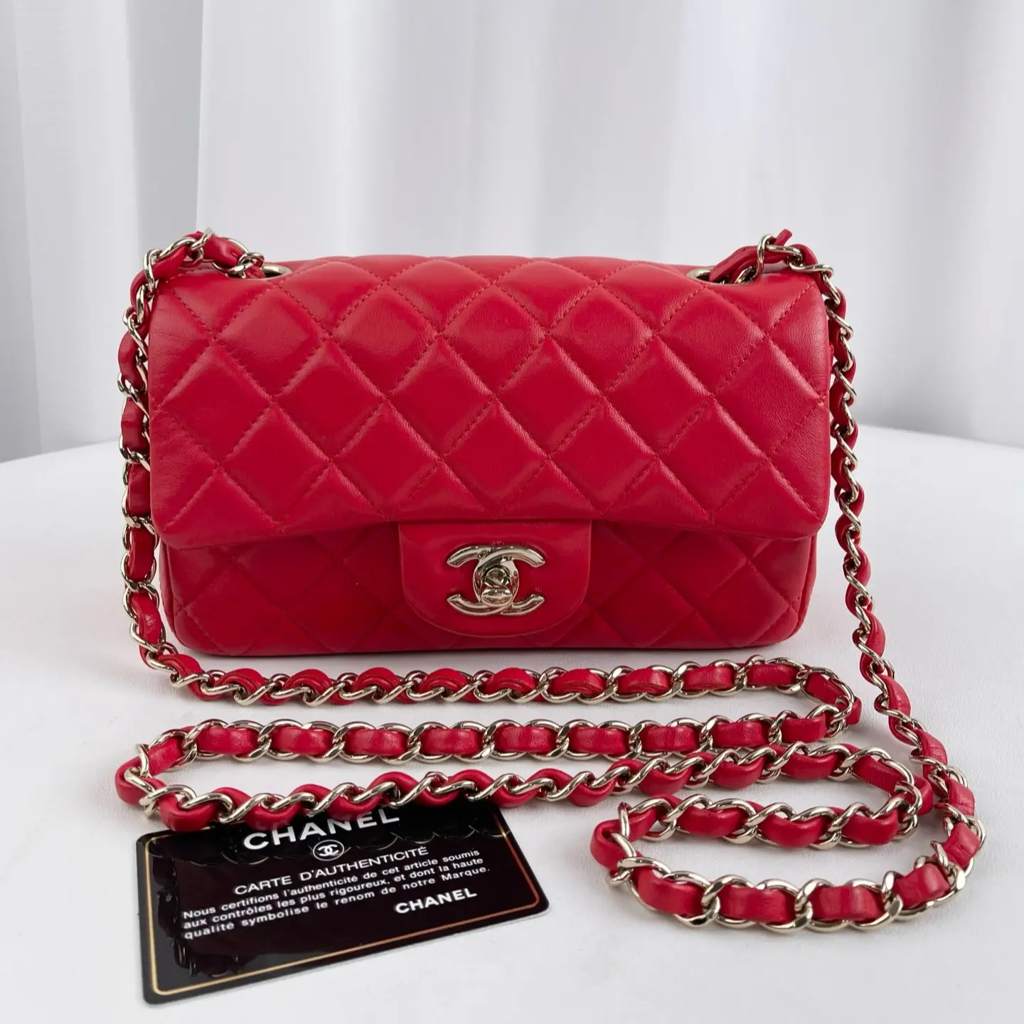 Pre-owned CHANEL Lambskin Quilted Mini Rectangular Flap Red 24335272