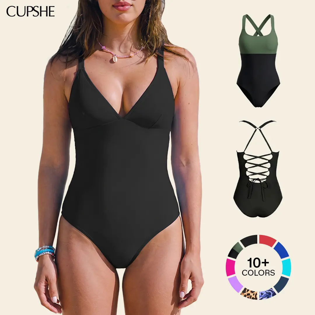 【Restocked】CUPSHE One-Piece Swimsuit: Plunging V Neck Sculpting Tummy Control Bathing Suit Swimswimsuits Swimwear with Adjustable Lace-Up Back (Size XS-3XL) Swimoutfit Bathing suit #tiktokshopmemorialday