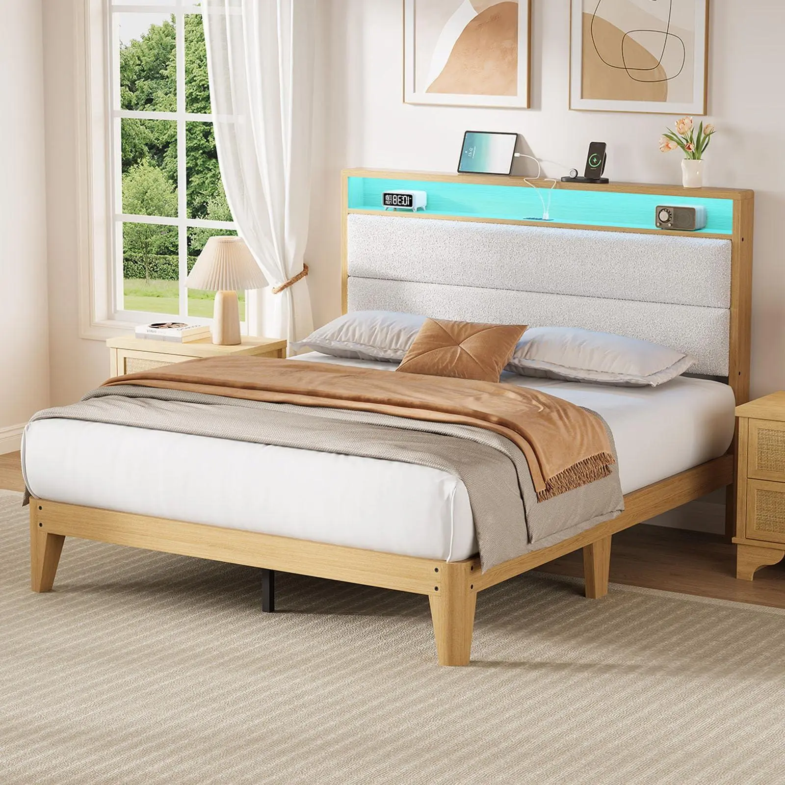 White Full Size Boucle Fabric Storage Bed Frame - Upholstered Headboard with Built-in USB Ports, Smart RGB LED Lights, No Box Spring Needed, Easy Setup, Assembly Required