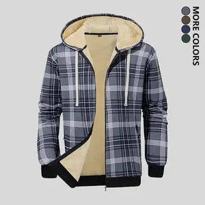 Men's wool lined hooded jacket, thick winter coat with checkered pattern zipper pocket, suitable for cold weather and ski jacket selection, autumn and winter front zipper jacket, men's winter jacket, men's sleeves, casual checkered gray