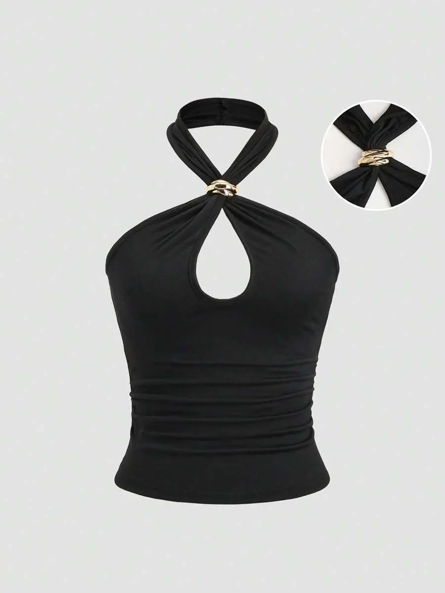 LUNA LAYER Womens Sexy Halter Neck Metal Decor Cut Out Micro Crop Top