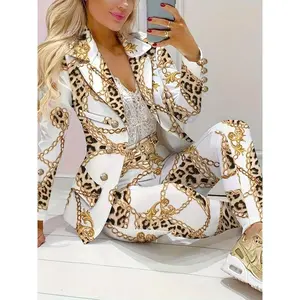 Two-Piece Lapel Blazer Set with Geometric Print Micro Elastic Fake Buttons Casual Fabric Outfit for Spring Fall Polyester Women's Clothing Suits Comfortable Everyday Wear