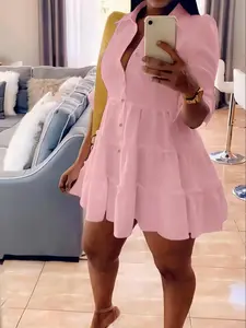 Women's Plain Ruffle Hem Half Button A Line Collared Dress, Casual Minimalist Roll Up Sleeve Short Dress for Fall & Winter, Women's Clothing for Daily Wear, Womenswear, Lady Solid Color Dress, Boho Chic Dress, Casual Boho Soft, Boho Style Dresses