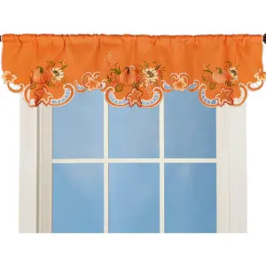 Embroidered Rod Pocket Fall Autumn Thanksgiving Pumpkins Kitchen Window Curtain Valance W 58 x L 14 Inches (Orange Pumpkins)