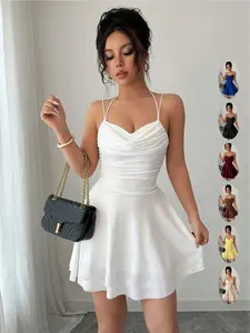 French Style Sexy Slim-Fitting Ruched Dress, Plain Color Backless Party Gown, Perfect for Graduation Season, Women's Elegant Clothing, Chic