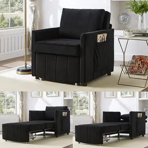 31.5"Convertible Sleeper Chair Bed with Side Pockets,3-in-1 Pull Out Sofa Chair Bed, Single Chenille Futon Sleep Couch with 5-Position Adjustable Backrest for Living Room,Office,Small Places (Black)