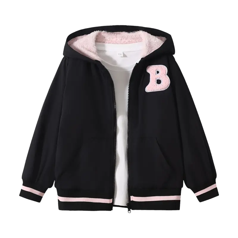 Girls' autumn and winter zippered hooded fleece jackets are fashionable and comfortable in winter, and everyday wild children's jackets are long-sleeved and wearable hooded jackets for children aged 4-12