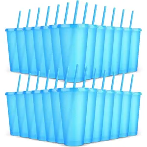 24 Pack Plastic Tumblers with  and Straws,  Colorful Cups for Parties, Birthdays, Iced Coffee, Travel, Cold Drink Bulk Tumblers (24 oz, Blue)