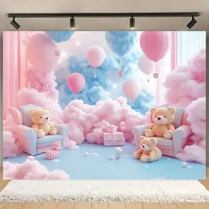 Dreamy Teddy Bear & Cloud Balloon Background, Perfect for Photography, Weddings, Birthdays, Christmas Decorations