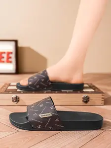 Classic Old Money Style Men's Slippers, Fashionable Letter Graphic Design, Comfortable Single Strap, Casual Beach Travel Shoes, Footwear