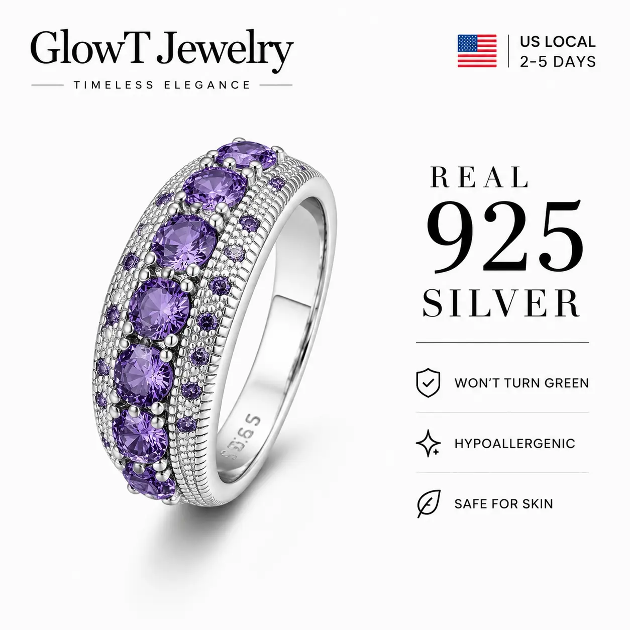 925 Sterling Silver Purple Amethyst Color CZ Half Eternity Ring with Clear CZ Pavé Accents, Wide Statement Band, Hypoallergenic S925 Stamped Jewelry for Women