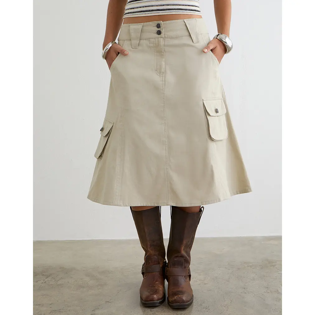 Rovie Utilty Cargo Skirt in Cotton Twill Latte