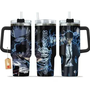 [Sip40 Otaku] Solo Leveling Sung Jin-Woo 40oz Tumbler With Handle – Shadow Monarch Stainless Steel Travel Mug, Anime Iced Coffee Cup, Manhwa Gift for Otaku & Gamer