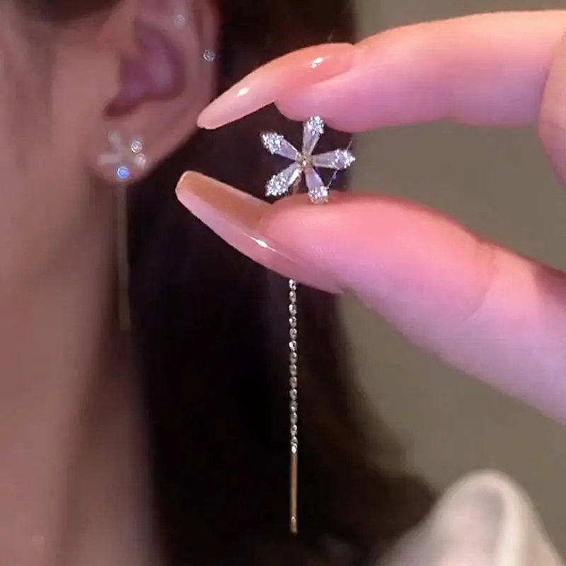 S925 Silver Needle Micro-inlaid Zircon Flower Ear Line Exquisite Light Luxury  Drop Earring Star Jewelry Gifts