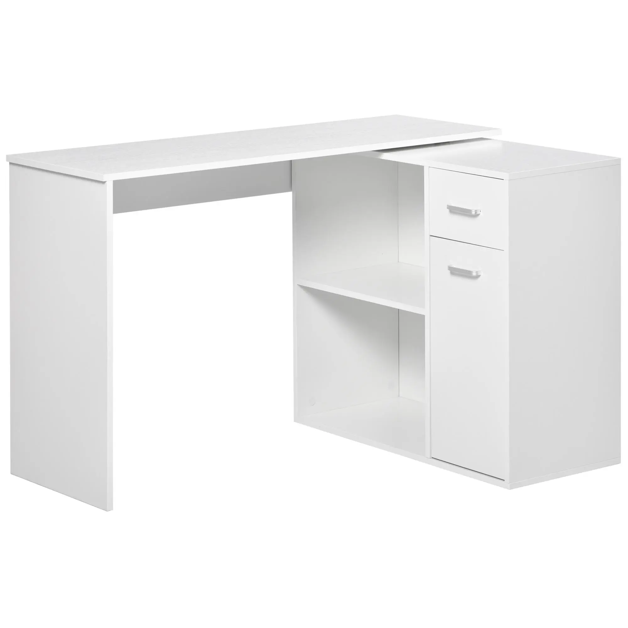 HOMCOM Farmhouse Design L-Shaped Computer Desk - 180° Rotating Corner Office Furniture with Storage Shelves, Drawer, Cabinet for Organized Home Office Workstation, White, Organized Workstation