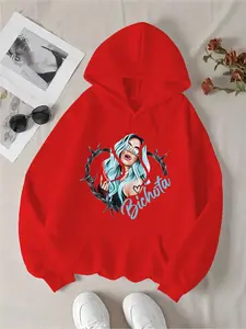 Women's Letter & Figure Print Drop Shoulder Hoodie, Fashion Casual Drawstring Pocket Hooded Sweatshirt for Daily Holiday Outdoor Wear, Ladies Clothes for All Seasons